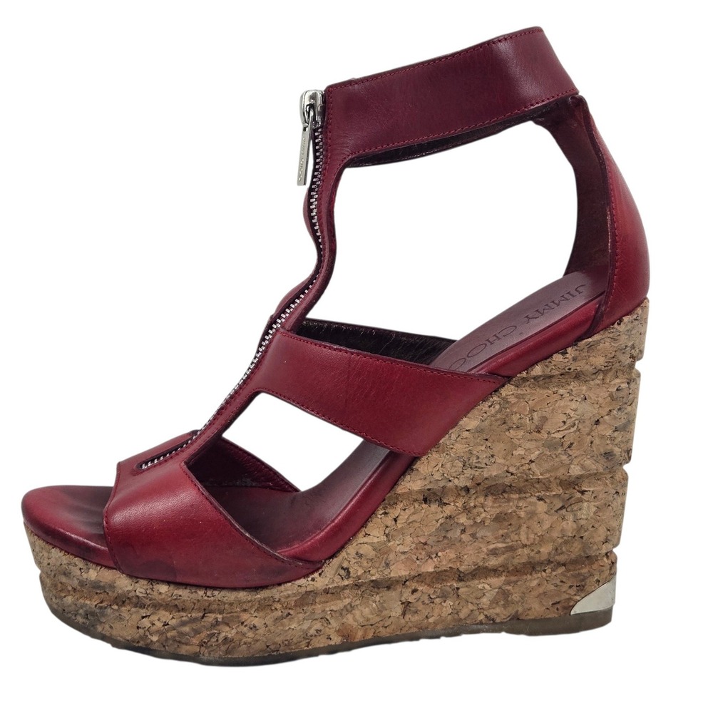 Jimmy Choo Novice 120 Red Leather Zip Front Cork Wedge Sandals Size 37 US 7